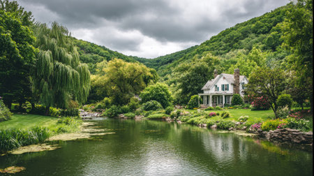 Beautiful view of the lake and the house in the garden.の素材