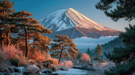 Beautiful view of Mount Fuji with snow covered trees at sunrise.の素材