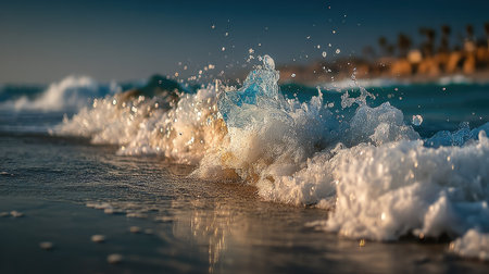 Beautiful wave splashing on the beach at sunset. Soft focus.の素材