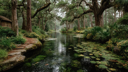 Beautiful view of a small pond surrounded by old oak trees in a Japanese gardenの素材