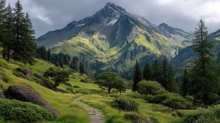 Mountain landscape with green meadows and snow-capped peaksの素材