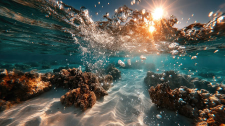 Underwater view of coral reef with waves and sunlight. 3d renderingの素材