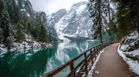 Beautiful view of Lake Braies in winter, Dolomites, Italyの素材