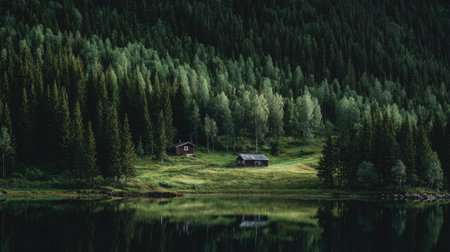 Lonely house on a lake in the middle of the forestの素材