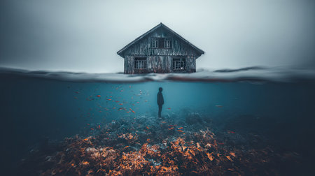 Woman looking at old wooden house underwater. 3D Rendering.の素材