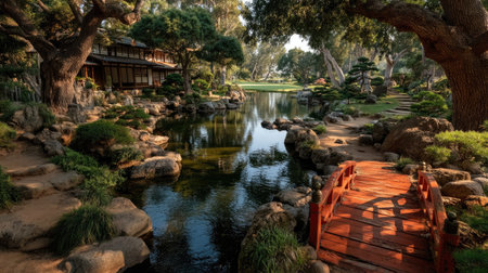 Japanese garden with pond and wooden bridge in San Diego, California.の素材