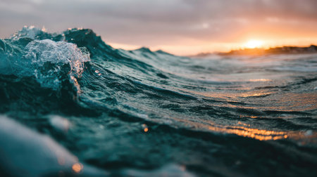 Beautiful sea wave at sunset, close-up of the water surfaceの素材