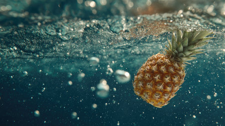 Pineapple floating in water with air bubbles. 3d renderingの素材