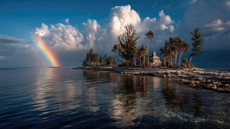 Tropical island with palm trees and a rainbow in the skyの素材