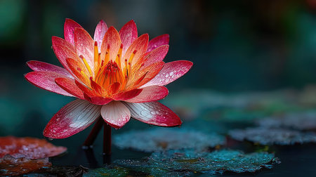 Red lotus flower blooming on the water in the pond.の素材