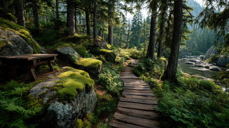 Wooden path in the forest with green moss and rocks in summerの素材