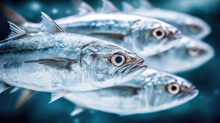 Mackerel fish on a dark blue background. Close-up.の素材