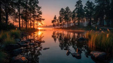 Pine trees on the shore of a lake at sunrise. Beautiful summer landscape.の素材