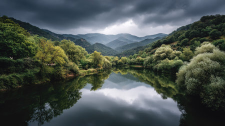 Beautiful mountain landscape with river and clouds in the sky in summerの素材
