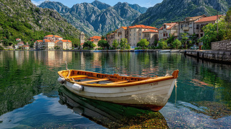Boat on the shore of Kotor Bay in Montenegro.の素材