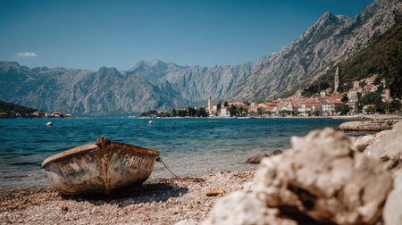 Boat on the shore of Kotor Bay in Montenegro.の素材