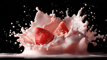 Strawberries falling into a milk splash, isolated on black backgroundの素材
