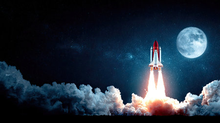 Rocket taking off from space. Mixed media. Mixed media. Mixed mediaの素材