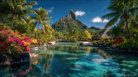 Tropical landscape with turquoise water, palm trees and mountains.の素材