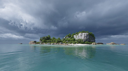 panoramic view of a small island in the sea under a dramatic skyの素材