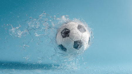 Soccer ball in water splash on blue background. 3d illustrationの素材