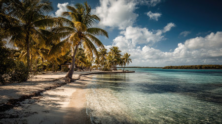 Beautiful tropical beach with coconut palm trees at Seychellesの素材