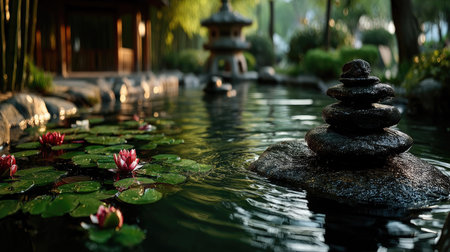 Zen garden with lotus flowers and stones in the water, Thailandの素材