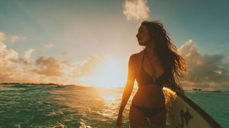 Young woman in bikini with surfboard on the beach at sunset.の素材