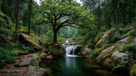Beautiful waterfall in the forest in summer with a large tree in the foregroundの素材