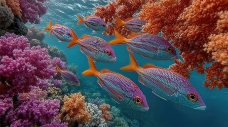 Underwater view of coral reef with fish. 3d illustration.の素材