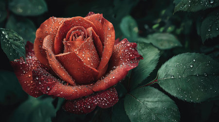 Beautiful red rose with dew drops on petals closeupの素材