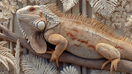 Iguana sitting on a wooden branch. Close-up.の素材