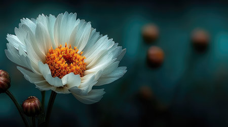 Beautiful white flower on a dark background with space for text.の素材