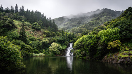 Mountain landscape with lake and waterfall in foggy weather, New Zealandの素材