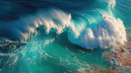 Aerial view of big blue ocean wave with splashes and foamの素材