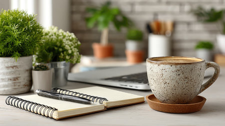 Cup of coffee and notebook on table in office, closeupの素材