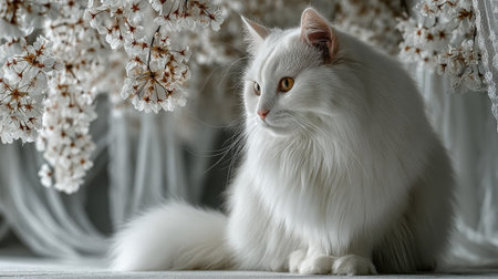 Beautiful white cat with long hair sits on the windowsill.の素材