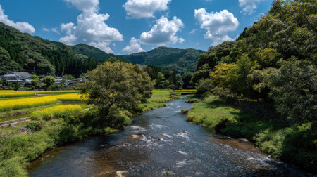 Scenery of the rape field and the river in Kyoto, Japanの素材