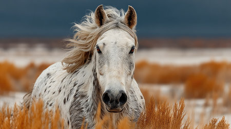Icelandic horse in the field of golden reeds in winterの素材