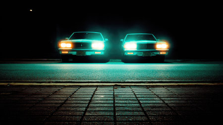Two retro cars on the road at night with backlight and fogの素材