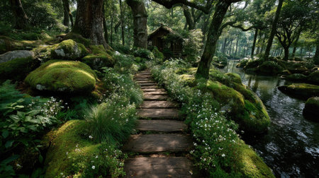 Pathway through a Japanese garden with moss covered trees and flowers.の素材