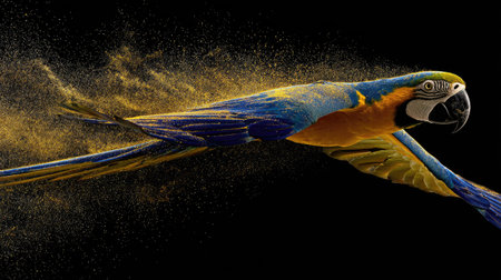 Blue and yellow macaw parrot with sand splash isolated on black backgroundの素材