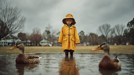 A little girl in a yellow raincoat and a hat stands in a puddle with ducks.の素材