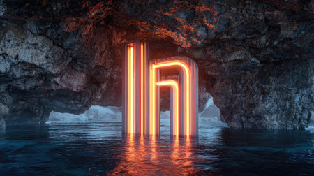 Futuristic cave with fluorescent neon sign. 3d render illustrationの素材