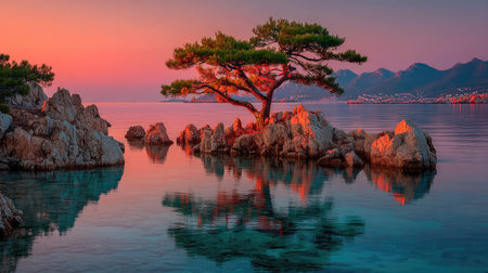 Pine tree on the coast of the Adriatic Sea in Montenegroの素材