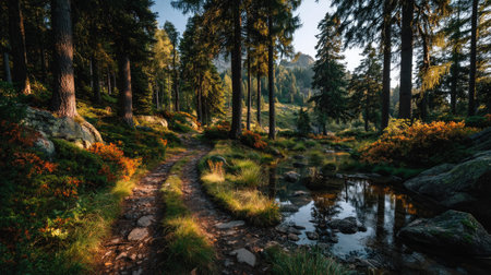 Hiking trail through the forest in the Dolomites, Italyの素材