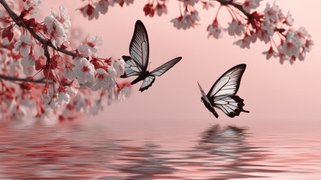cherry blossom and butterfly on water surface with copy space.の素材