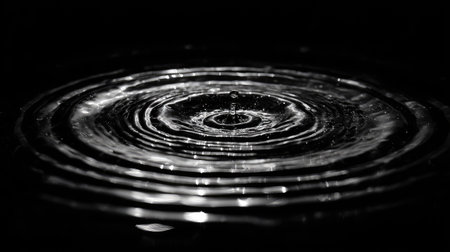 Water drop with ripples on black background. Black and white.の素材