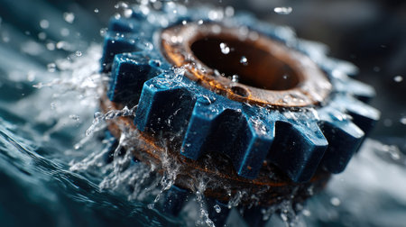 Close-up of gear wheel with water splashes on blue backgroundの素材