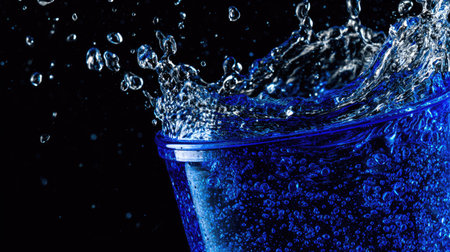 Water splashes in a glass on a black background close-upの素材